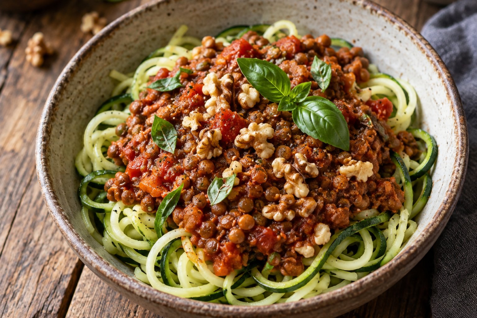 Linsen-Walnuss-Bolognese mit Zucchini – Rezept mit Kalorien und Nährwerten