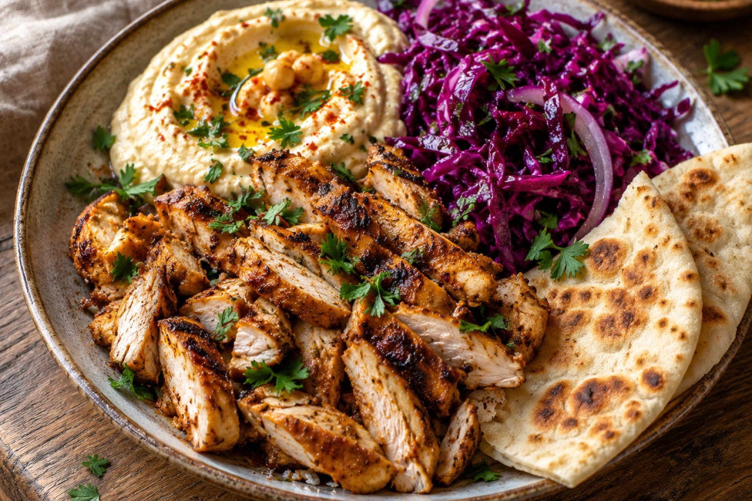 Hähnchen-Schawarma-Teller mit Hummus und Rotkohl – Rezept mit Kalorien und Nährwerten