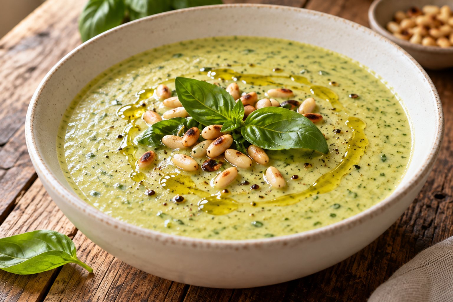 Zucchini-Basilikum-Suppe mit Pinienkernen – Rezept mit Kalorien und Nährwerten