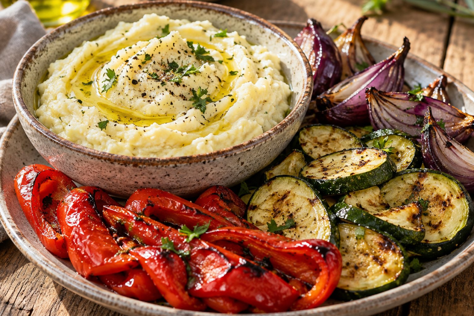 Griechischer Skordalia-Dip mit Ofengemüse