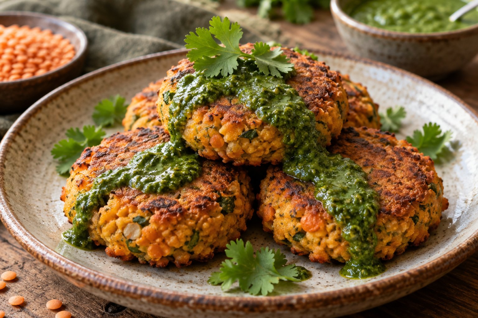Gebackene Rote-Linsen-Dal-Puffer mit Koriander-Chutney – Rezept mit Kalorien und Nährwerten