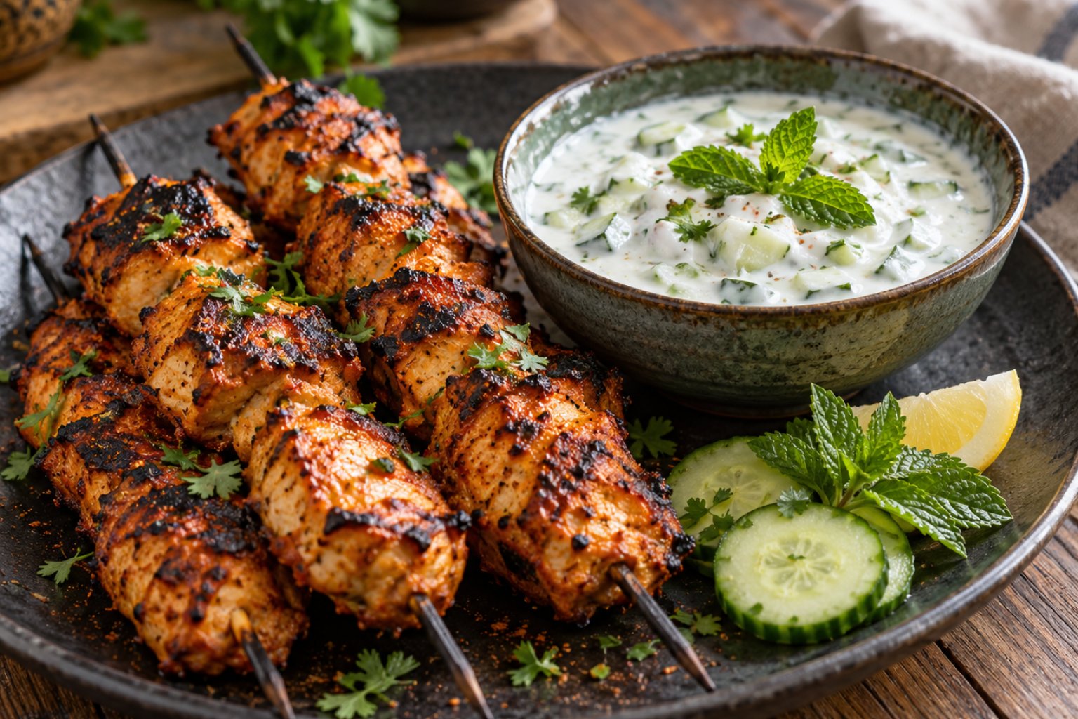 Hähnchen-Tikka-Spieße mit Gurken-Raita