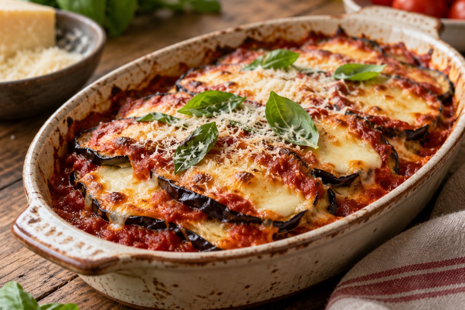 Gebackene Auberginen-Parmigiana mit Mozzarella – Rezept mit Kalorien und Nährwerten