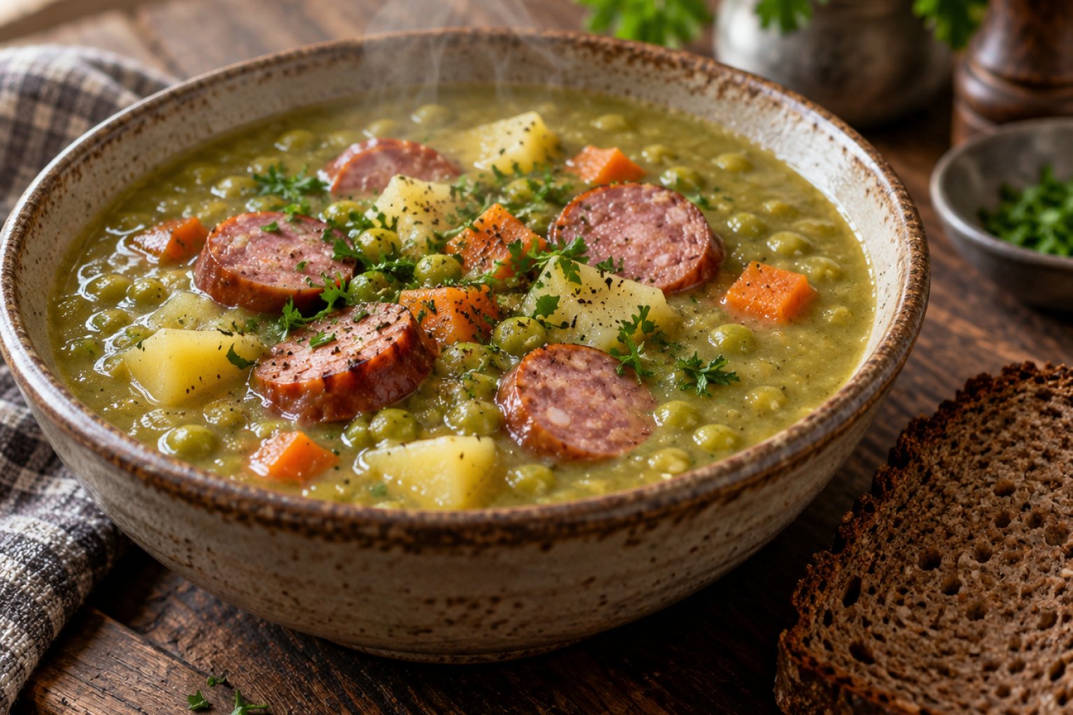 Deutsche Erbsensuppe mit Mettwurst – Rezept mit Kalorien und Nährwerten