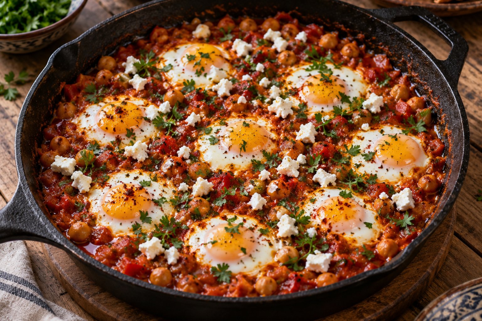 Tunesische Shakshuka mit Harissa und Kichererbsen – Rezept mit Kalorien und Nährwerten
