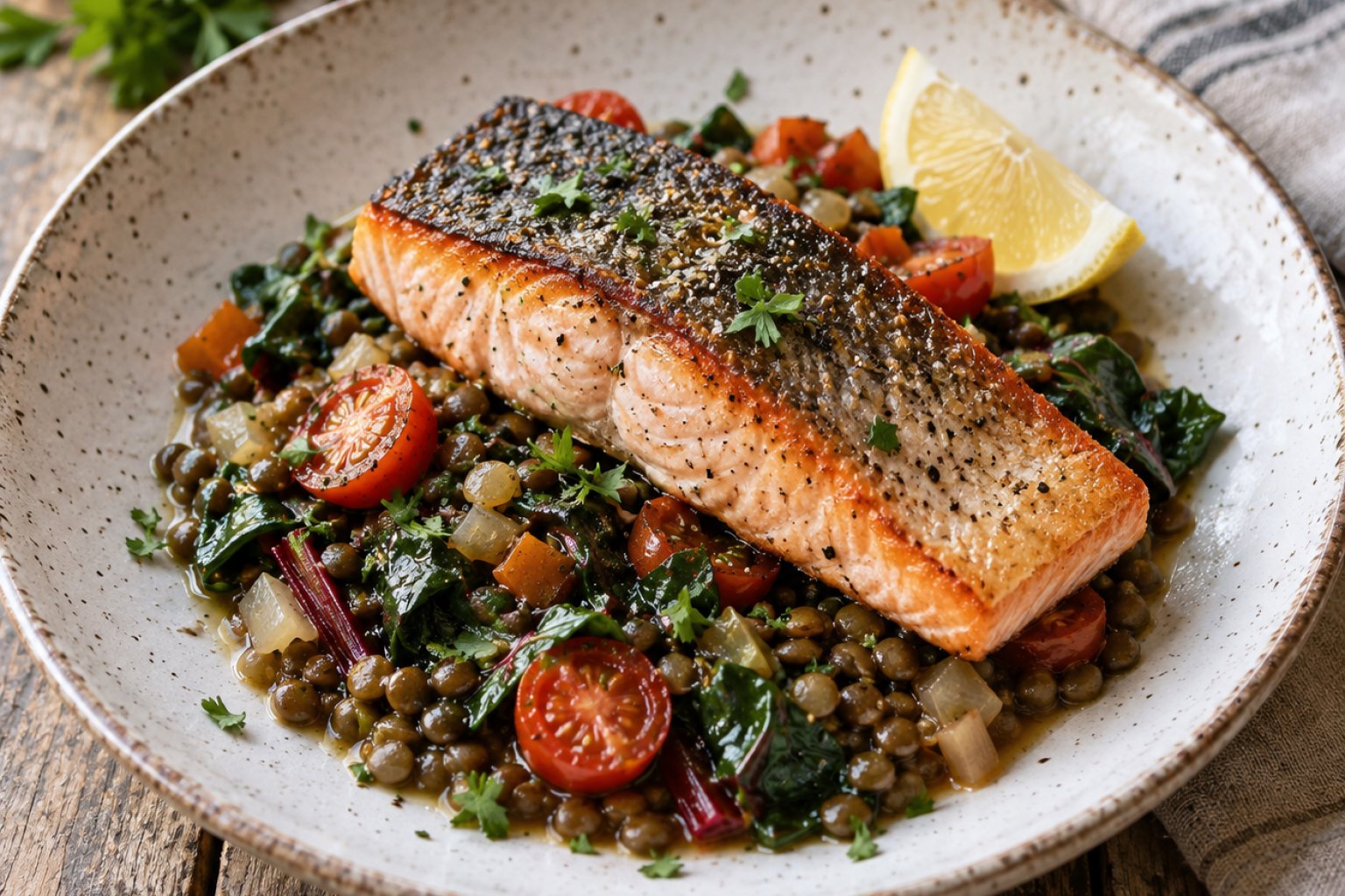 Gebratener Lachs mit Linsen-Mangold-Gemüse – Rezept mit Kalorien und Nährwerten