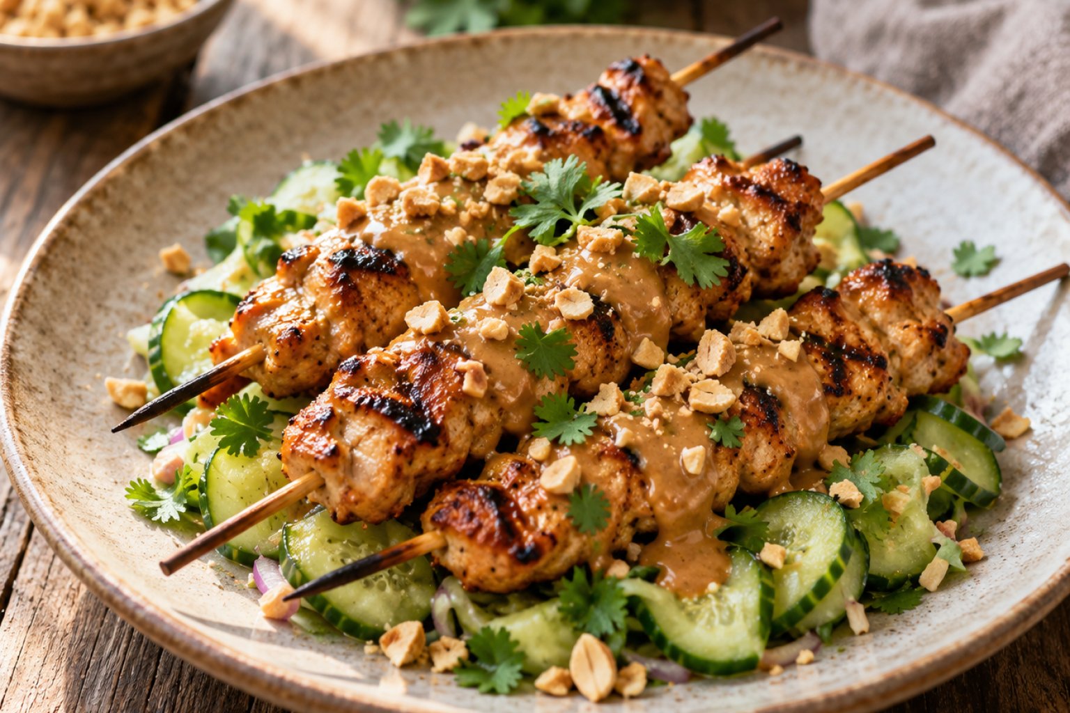 Erdnuss-Hähnchen-Spieße mit Gurkensalat