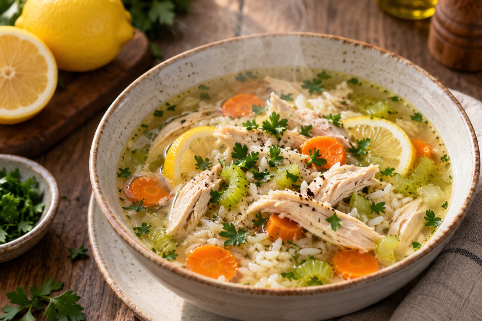 Protein-Zitronen-Hühnchensuppe mit Reis