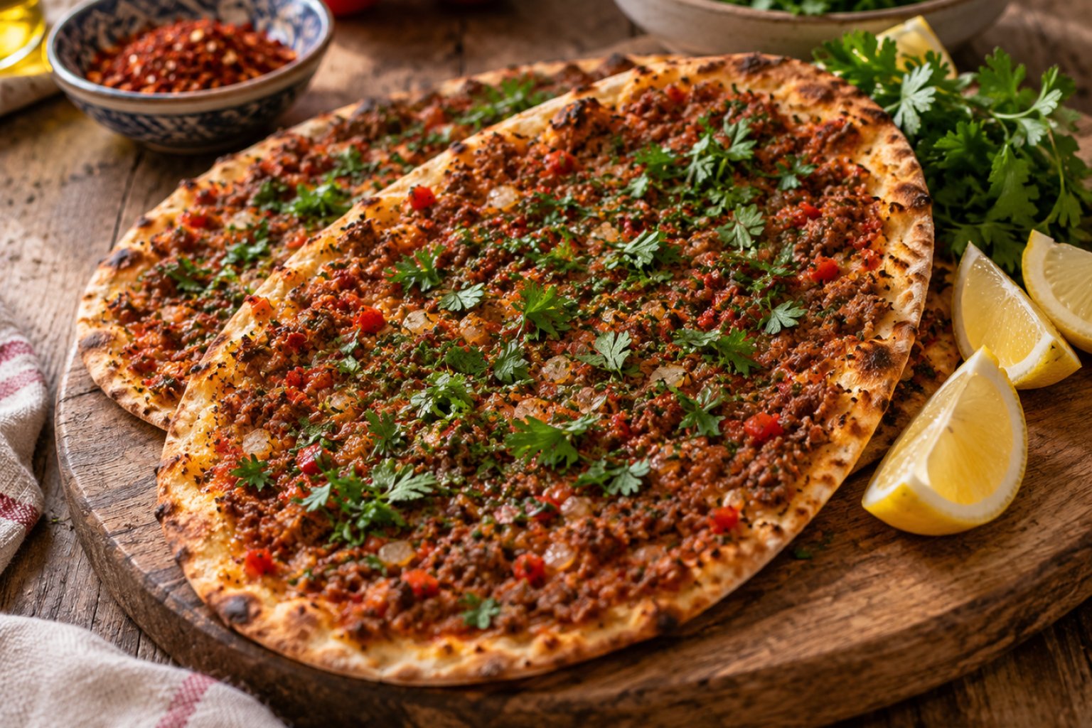 Türkische Lahmacun mit Hackfleisch und Petersilie