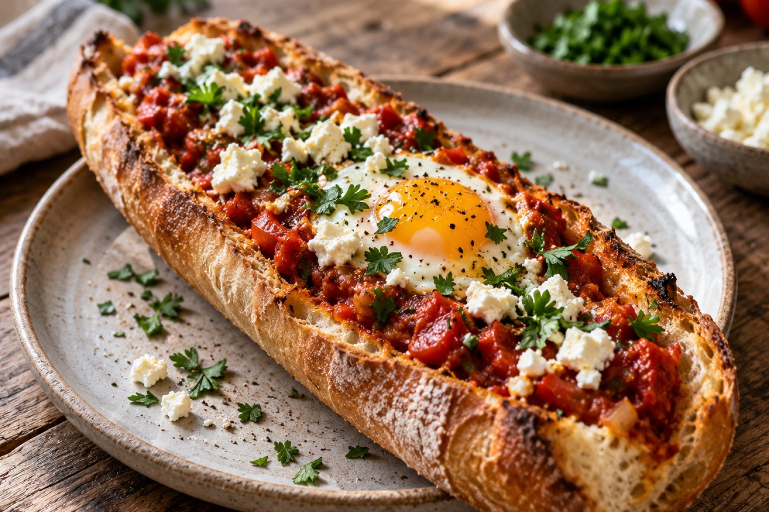 Gebackenes Feta-Shakshuka-Baguette – Rezept mit Kalorien und Nährwerten
