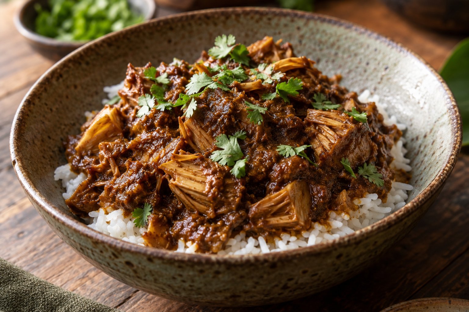 Vegane Jackfruit-Rendang-Curry mit Reis – Rezept mit Kalorien und Nährwerten