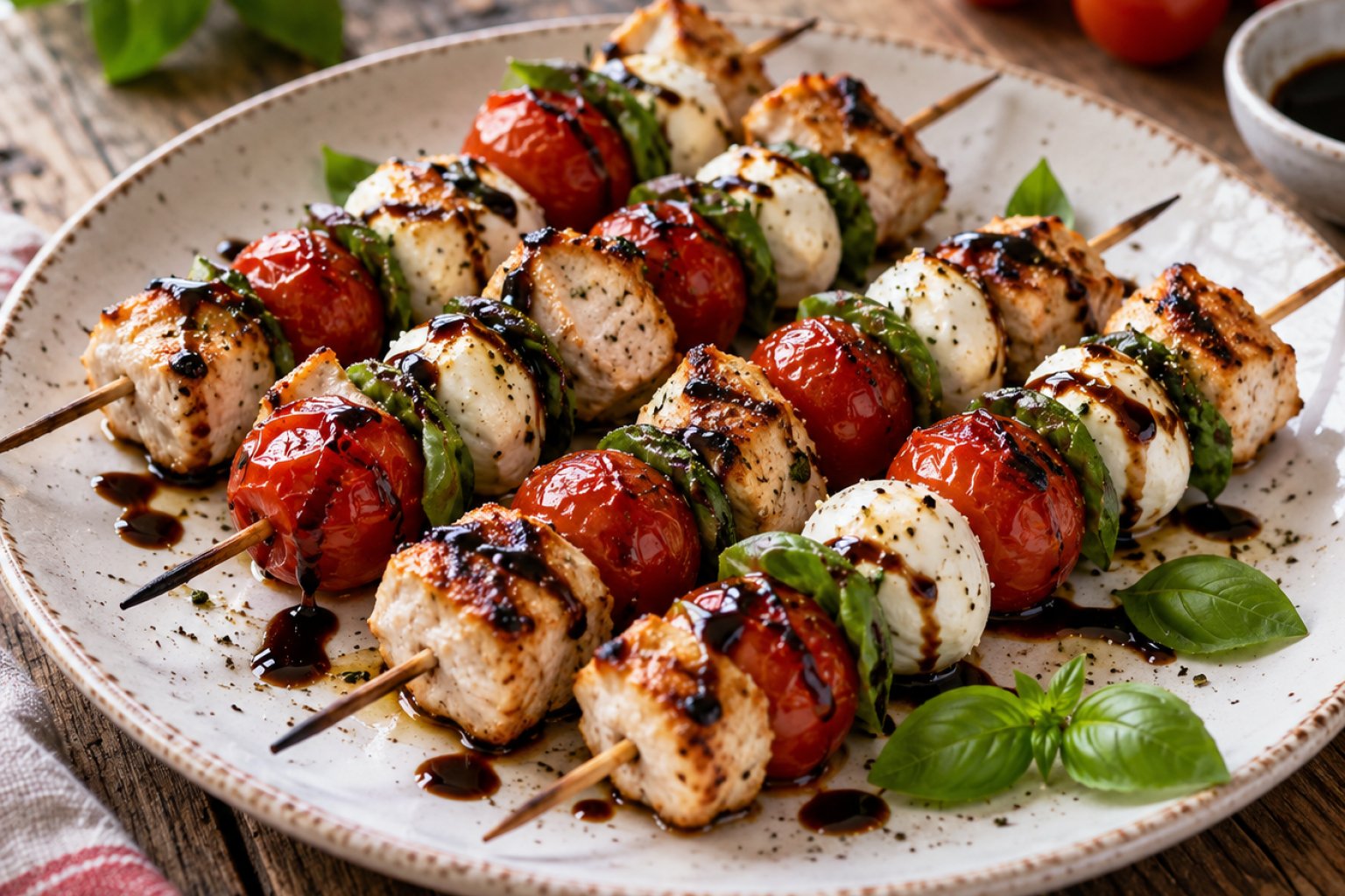 Hähnchen-Caprese-Spieße mit Balsamico-Glasur