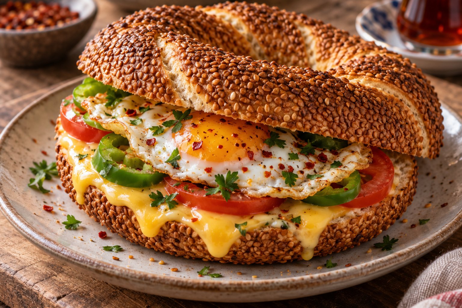 Türkischer Simit-Toast mit Ei und Käse
