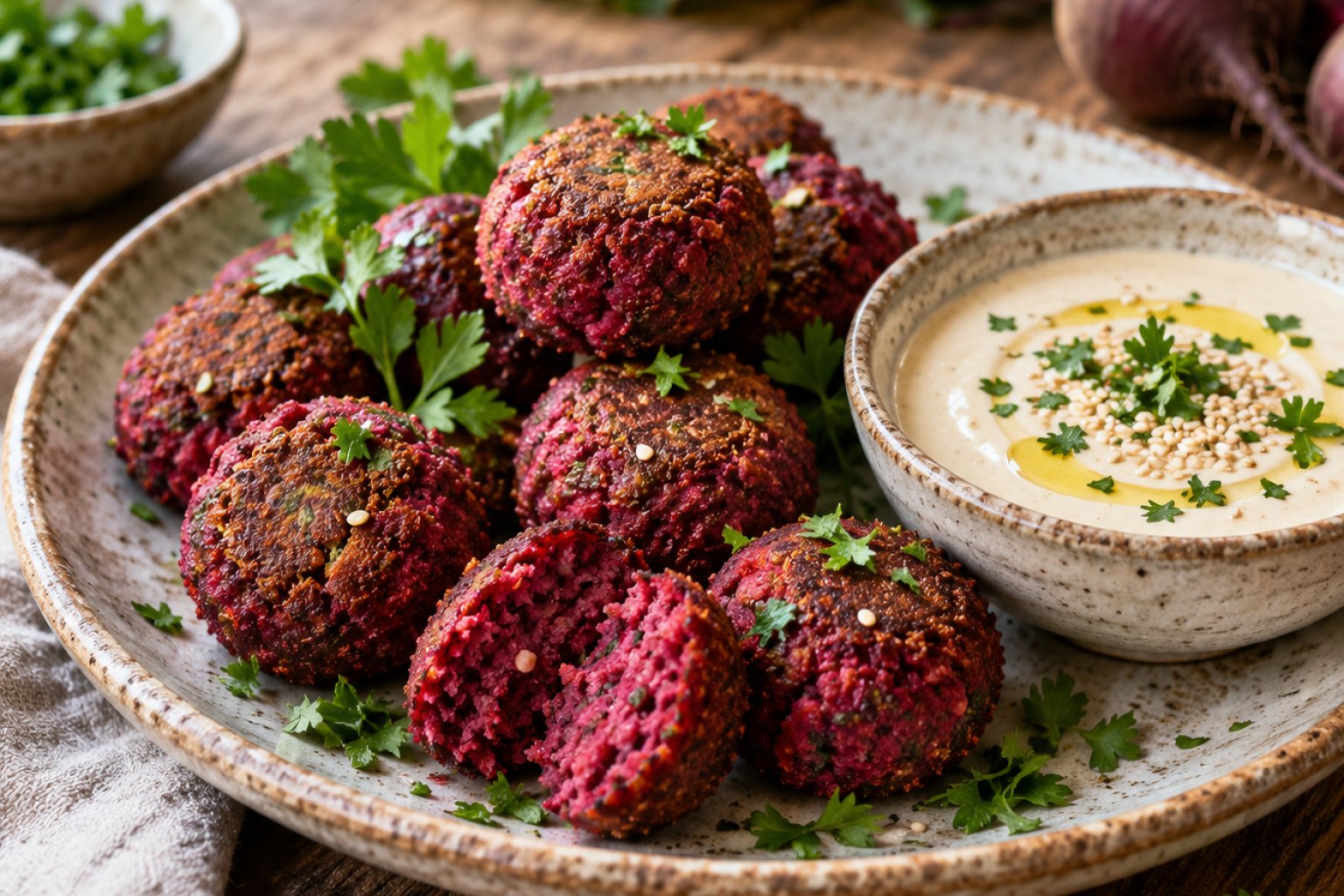 Vegane Rote-Bete-Falafel mit Tahini-Sauce