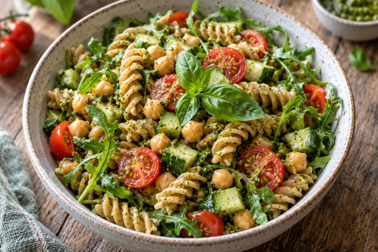 Kalter Kichererbsen-Nudelsalat mit Pesto – Rezept mit Kalorien und Nährwerten