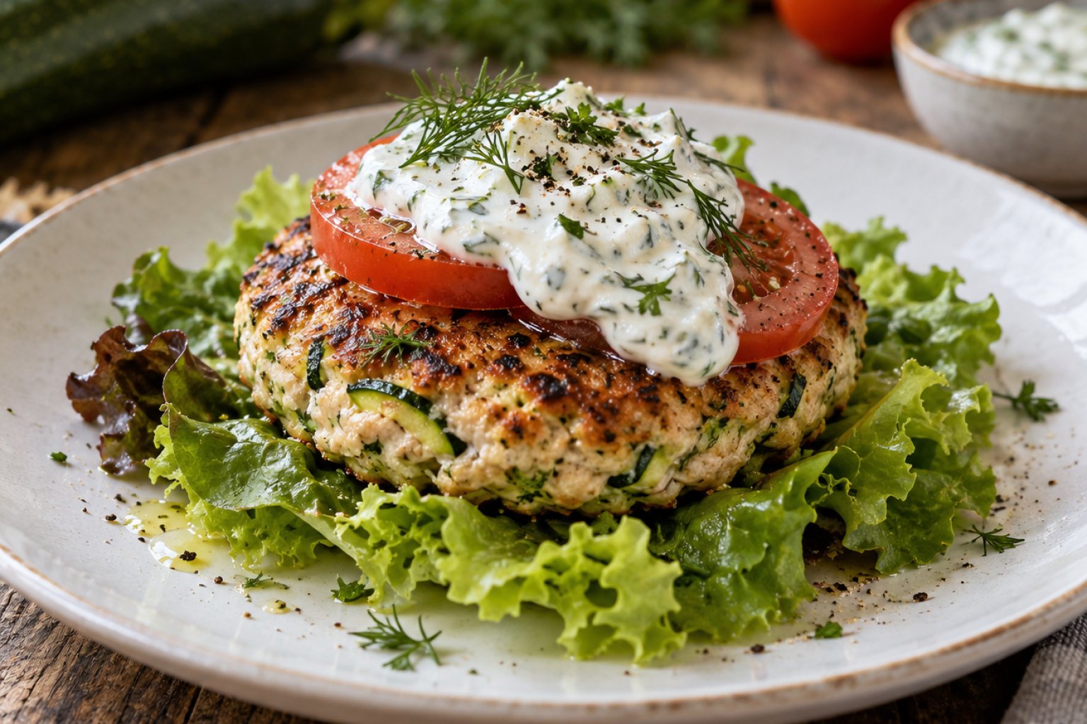 Puten-Zucchini-Burger ohne Brötchen – Rezept mit Kalorien und Nährwerten
