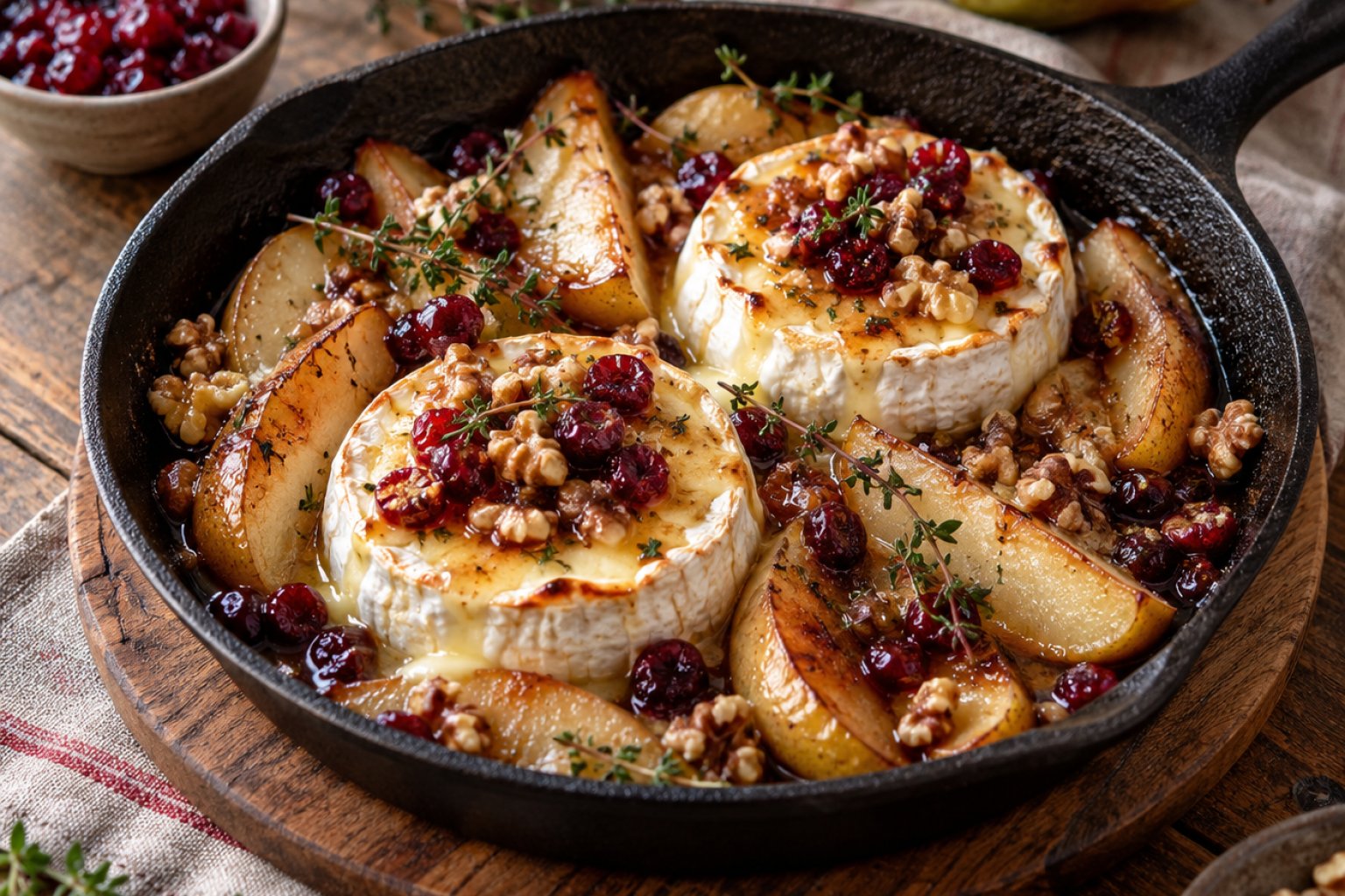 Gebackene Camembert-Birnen-Pfanne mit Preiselbeeren – Rezept mit Kalorien und Nährwerten