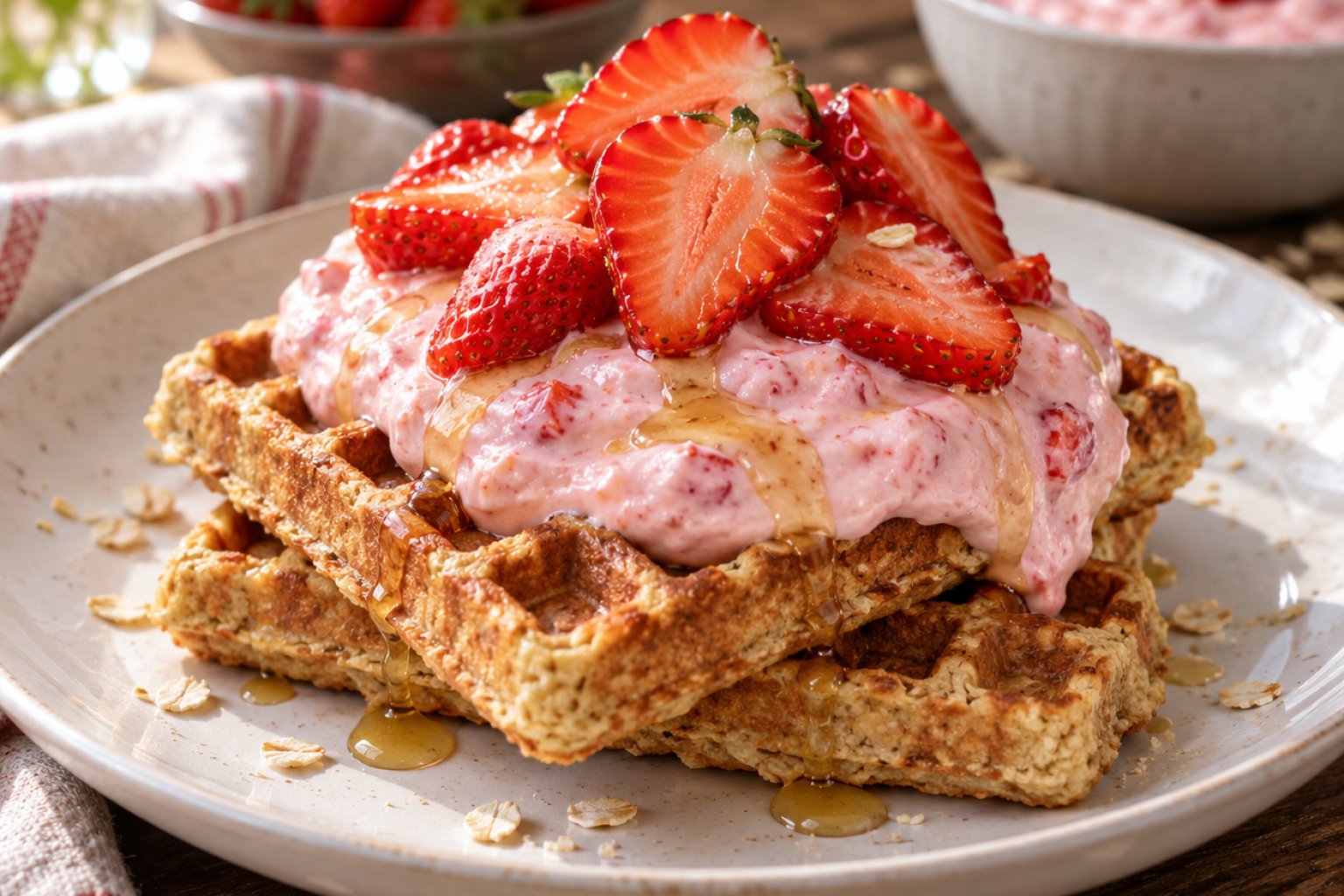 Protein-Haferflocken-Waffeln mit Erdbeerquark – Rezept mit Kalorien und Nährwerten