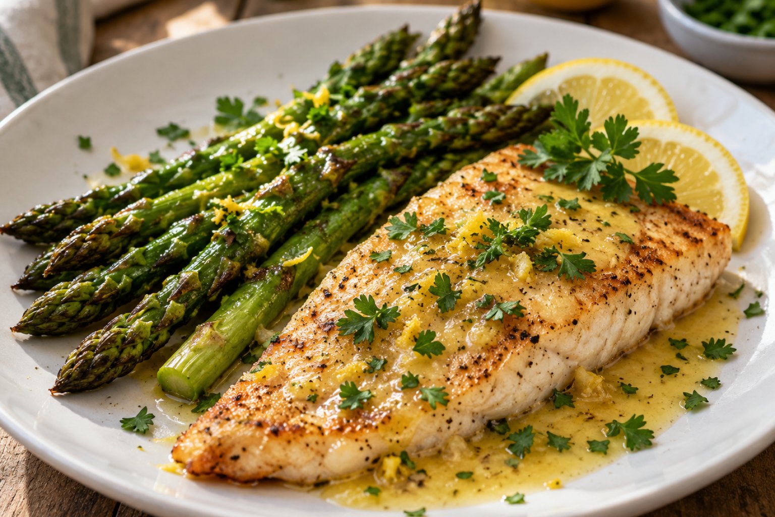 Gebratener Spargel mit Pangasius und Zitronenbutter – Rezept mit Kalorien und Nährwerten