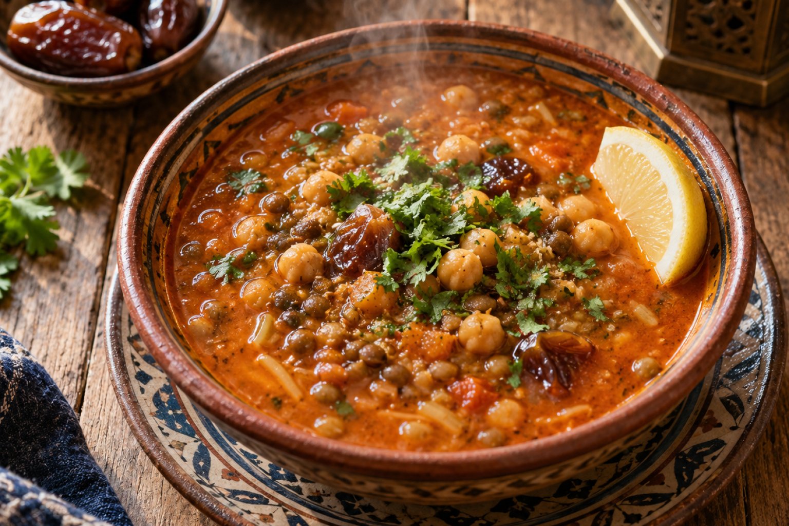 Marokkanische Harira-Suppe mit Kichererbsen und Datteln