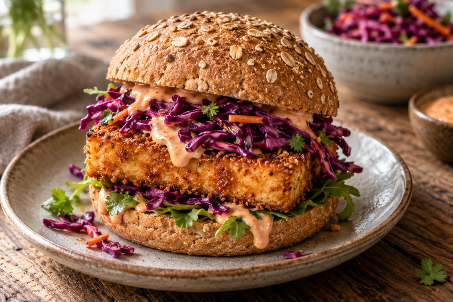 Knuspriger Tofu-Burger mit Rotkohlsalat – Rezept mit Kalorien und Nährwerten