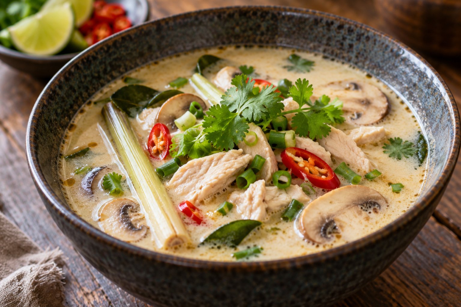 Thailändische Tom-Kha-Suppe mit Hühnchen und Kokosmilch