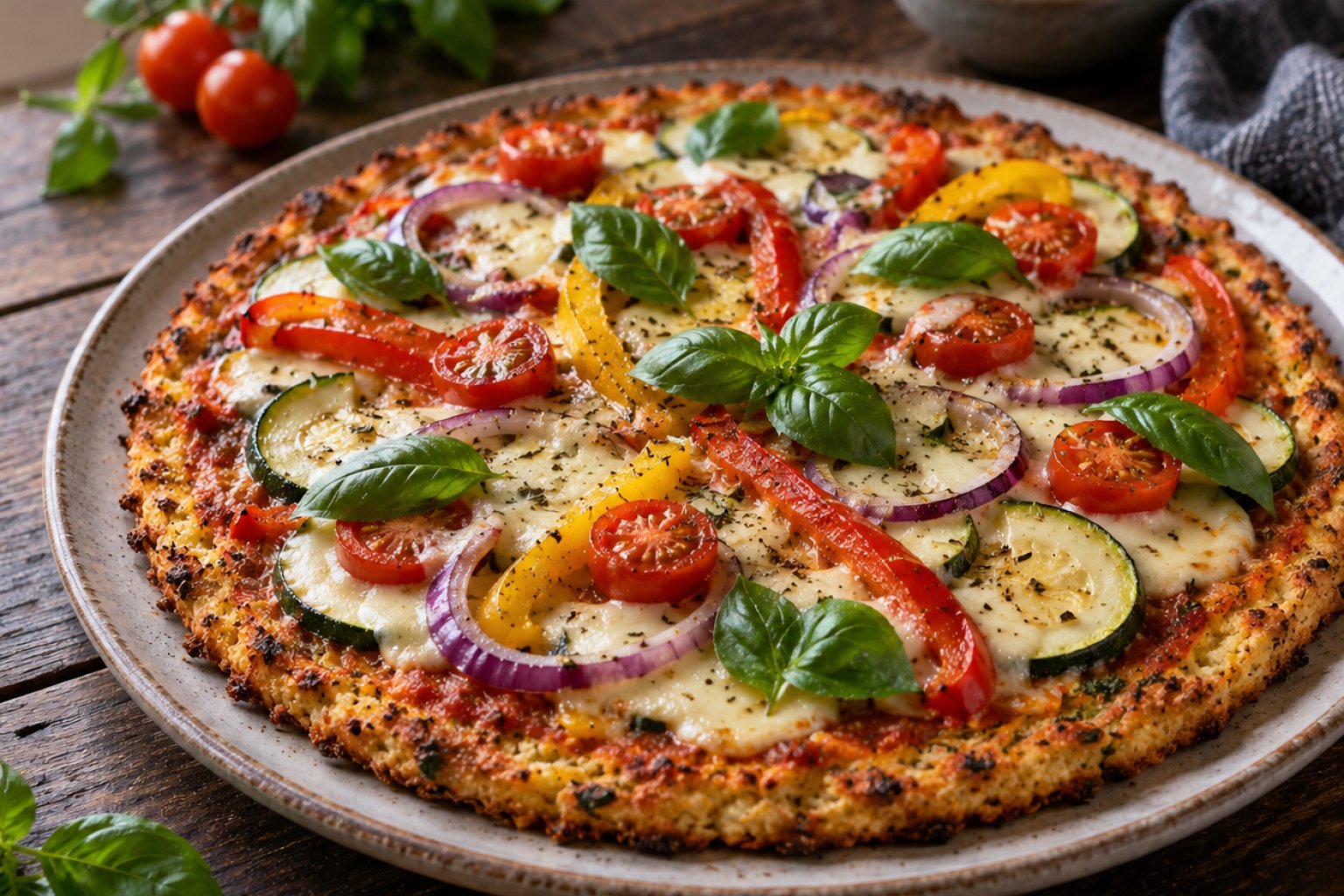 Low-Carb-Blumenkohl-Pizza mit Gemüsebelag – Rezept mit Kalorien und Nährwerten