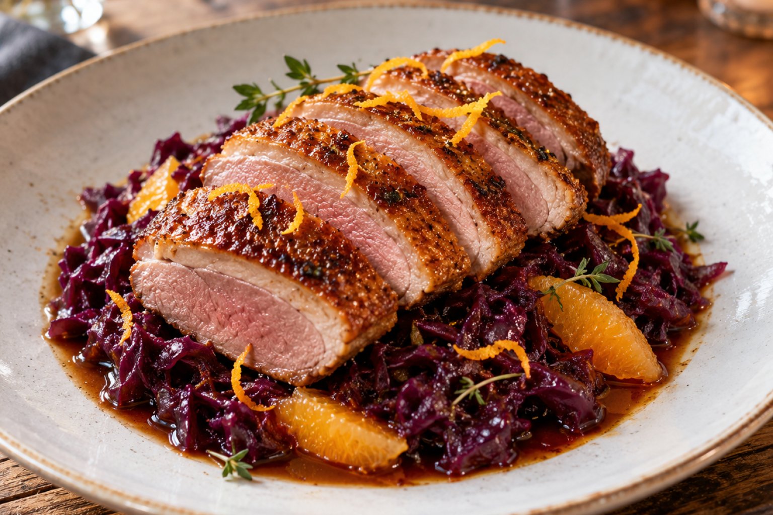 Gebratene Entenbrust mit Rotkohl und Orange