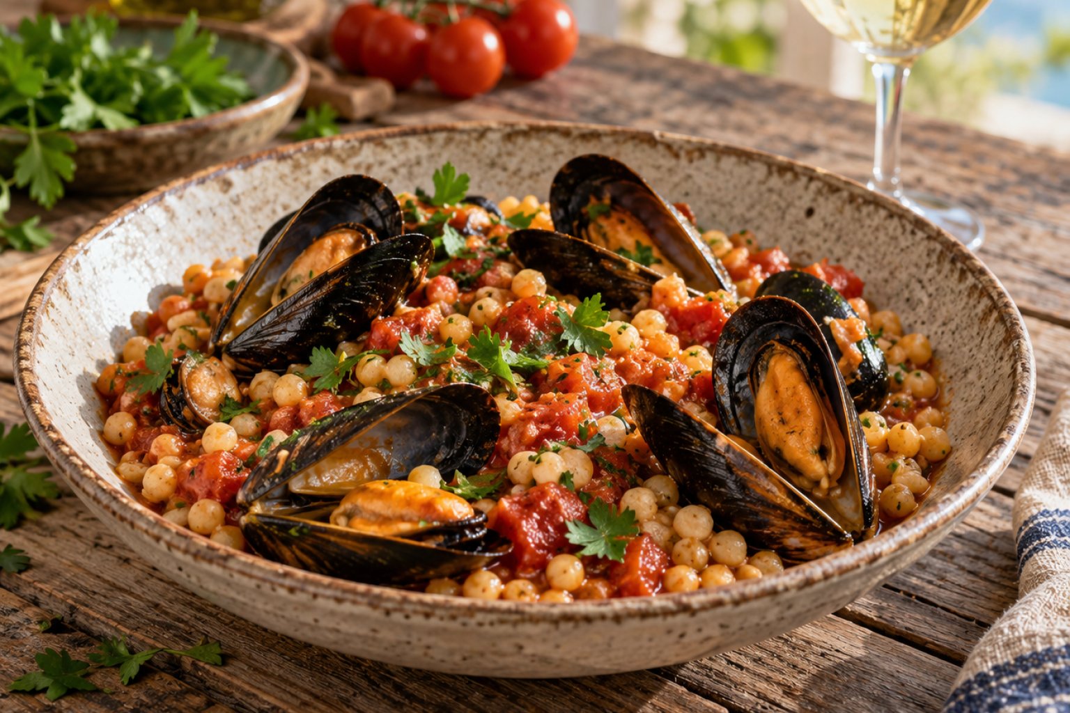 Sardische Fregola mit Muscheln und Tomaten