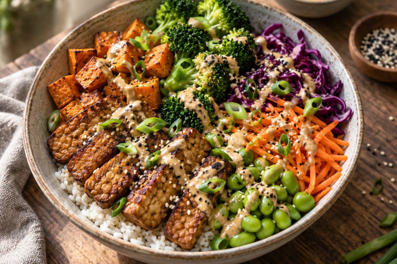 Vegane Tempeh-Bowl mit Süßkartoffel und Sesam-Miso-Dressing