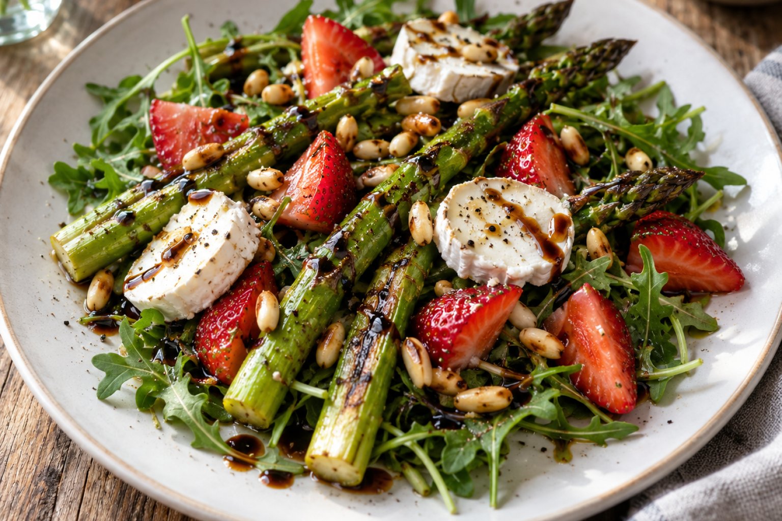 Gebratener Spargelsalat mit Erdbeeren und Ziegenkäse