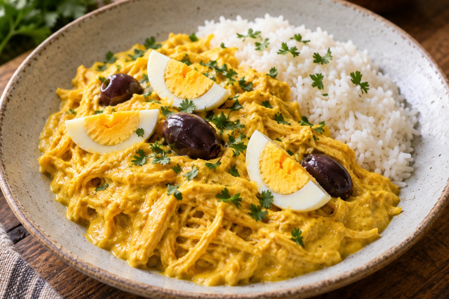 Peruanisches Ají-de-Gallina-Hühnchen mit Reis – Rezept mit Kalorien und Nährwerten