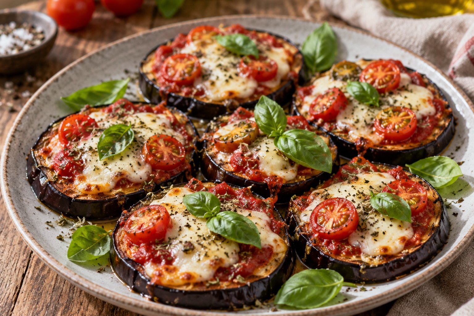 Low-Carb-Auberginen-Pizza mit Tomate und Mozzarella