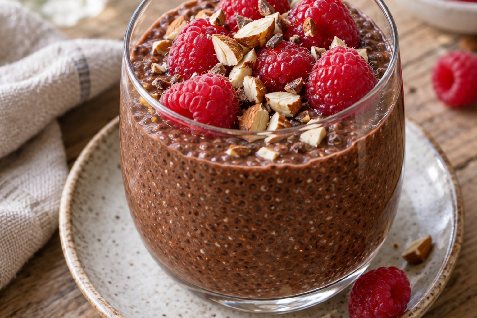 Protein-Schoko-Chia-Pudding mit Himbeeren