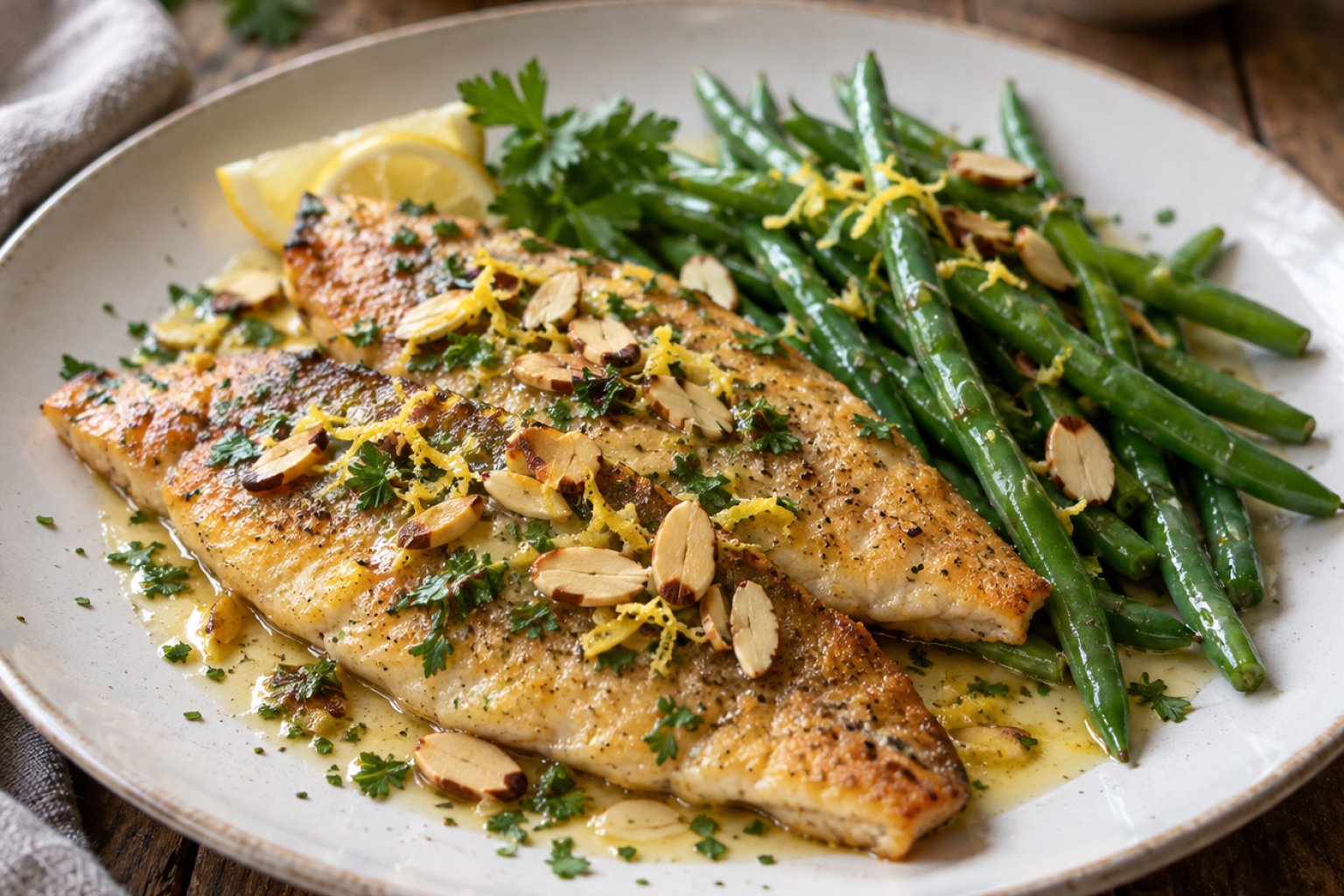 Gebackene Forellenfilets mit Mandel-Butter und grünen Bohnen