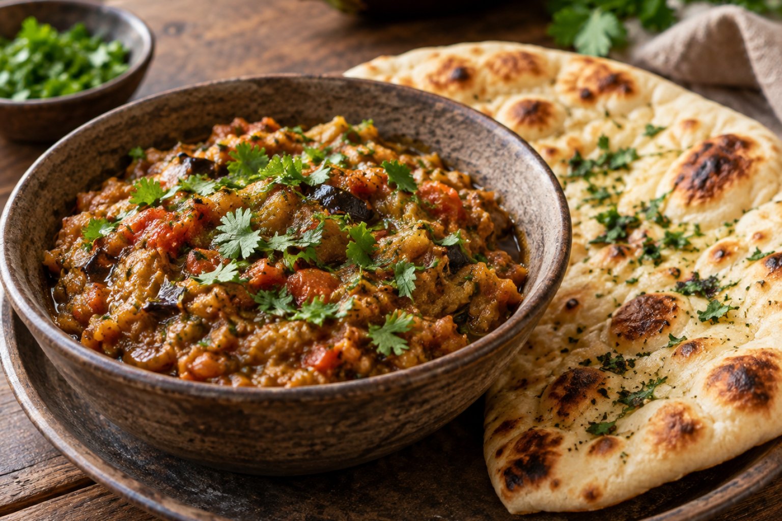 Indisches Baingan Bharta mit Naan