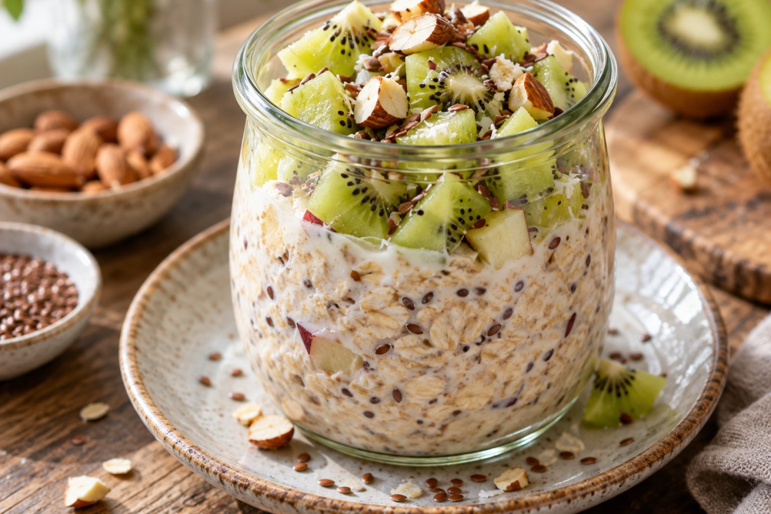 Birchermüsli-Glas mit Kiwi und Leinsamen – Rezept mit Kalorien und Nährwerten