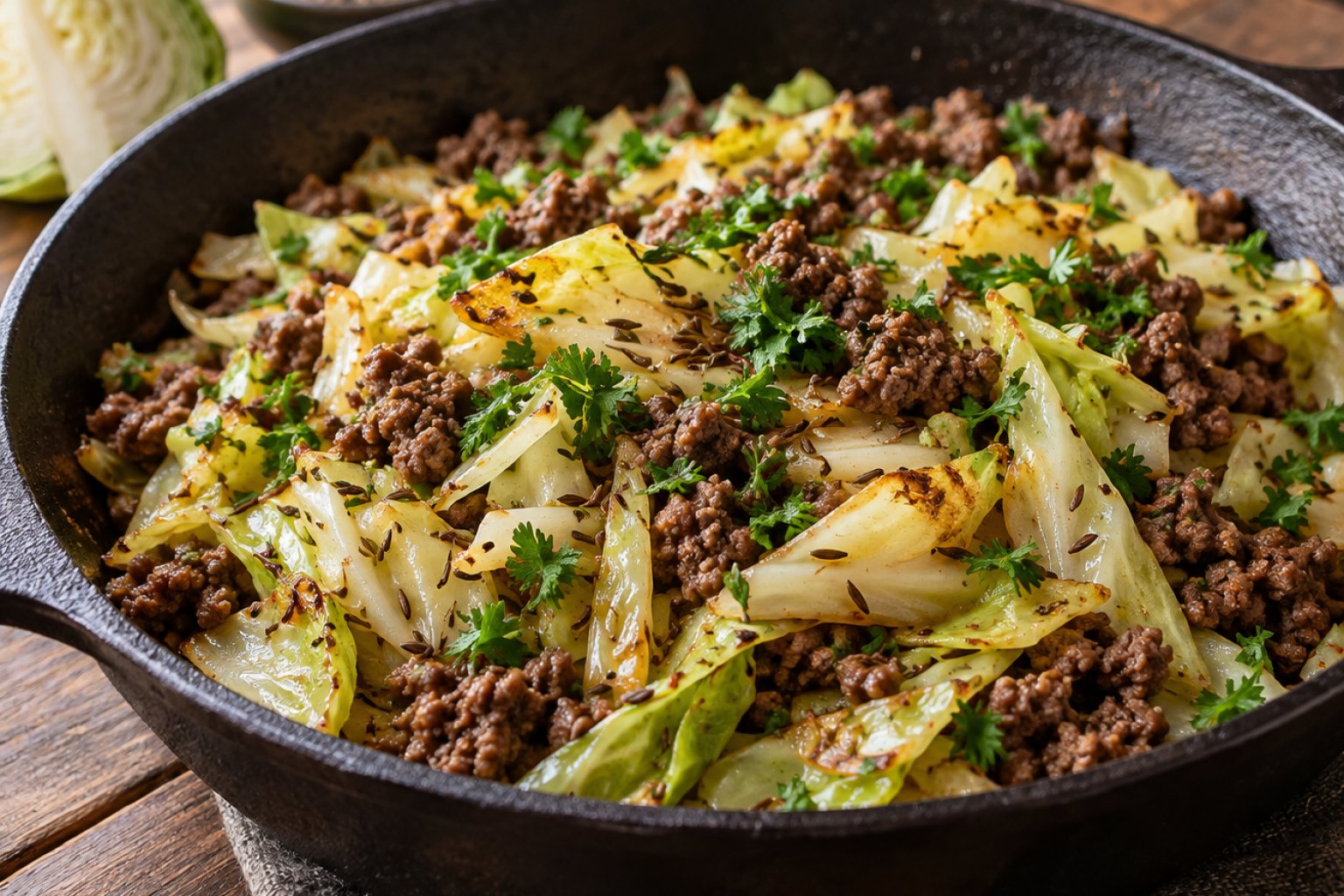 Gebratener Spitzkohl mit Hackfleisch und Kümmel – Rezept mit Kalorien und Nährwerten