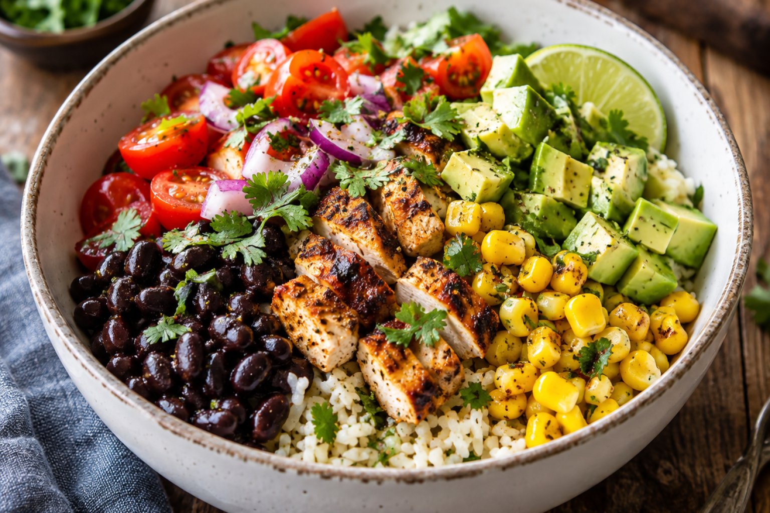 Hähnchen-Burrito-Bowl mit schwarzen Bohnen und Mais