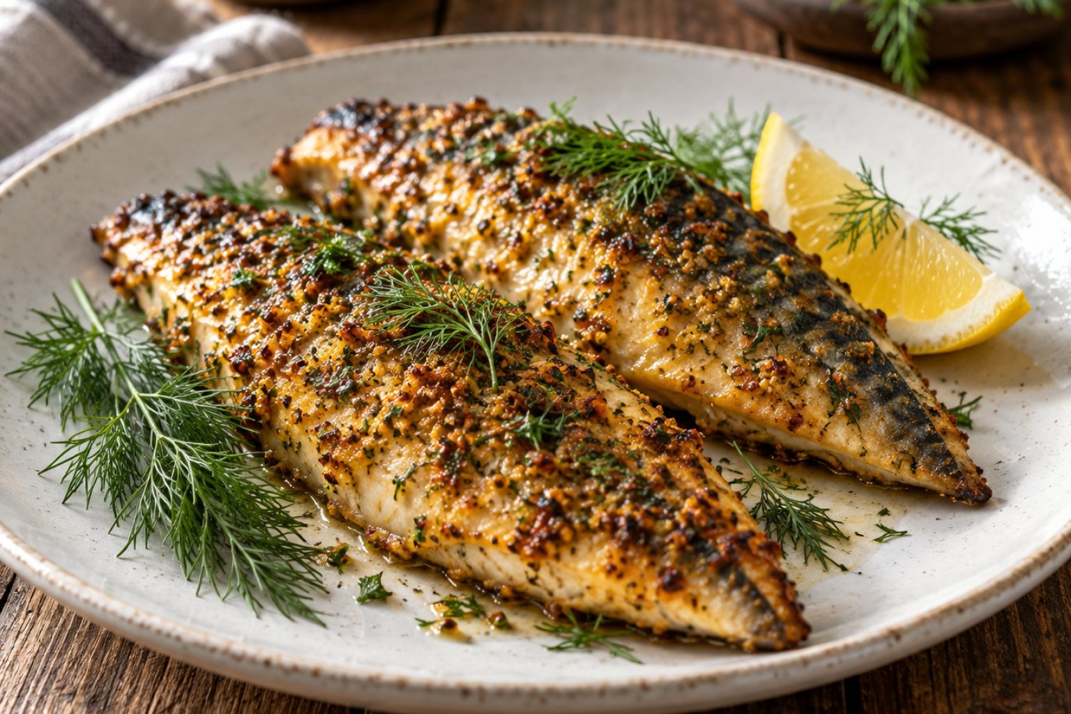 Gebackene Makrele mit Senf und Dill