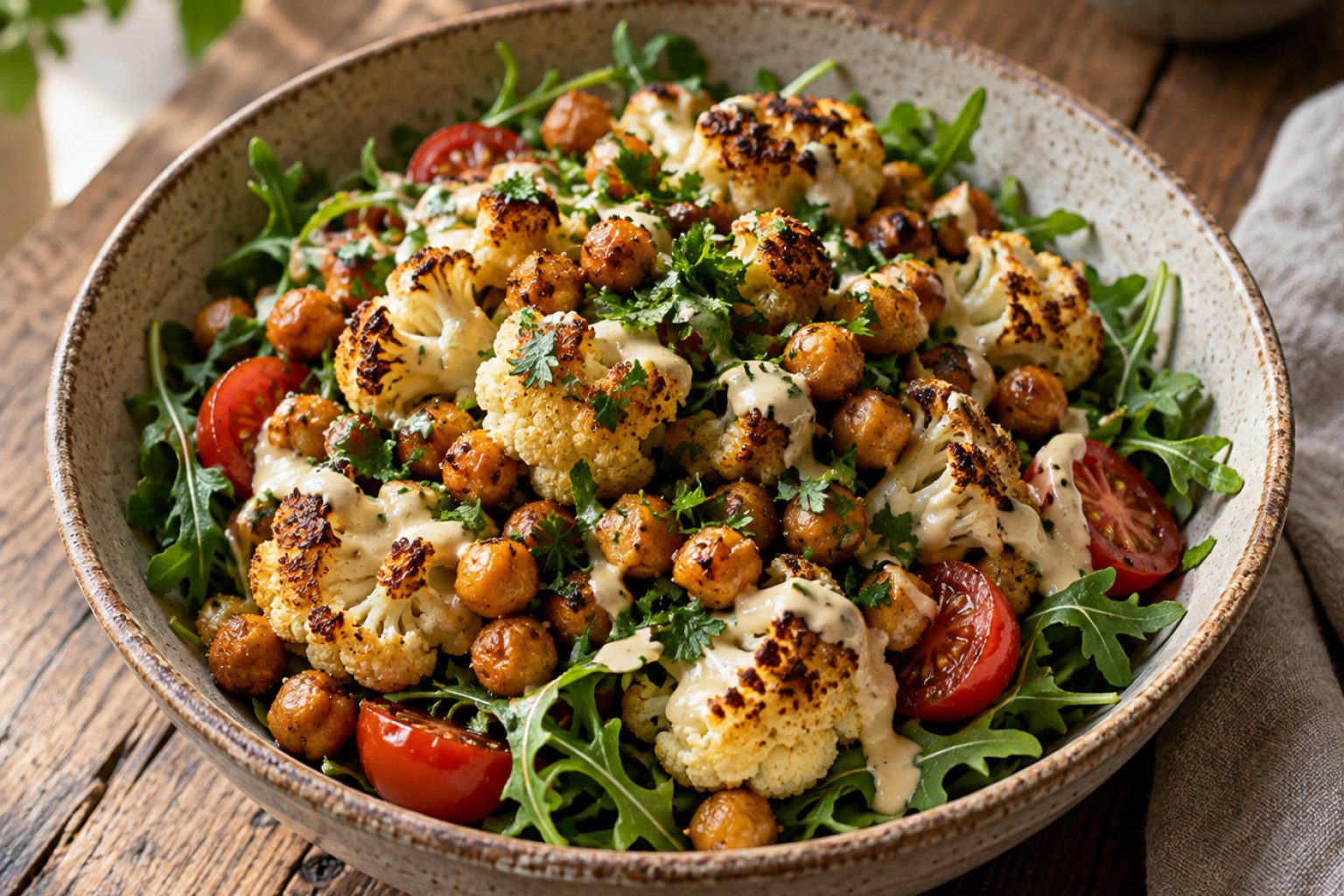 Knuspriger Kichererbsensalat mit geröstetem Blumenkohl