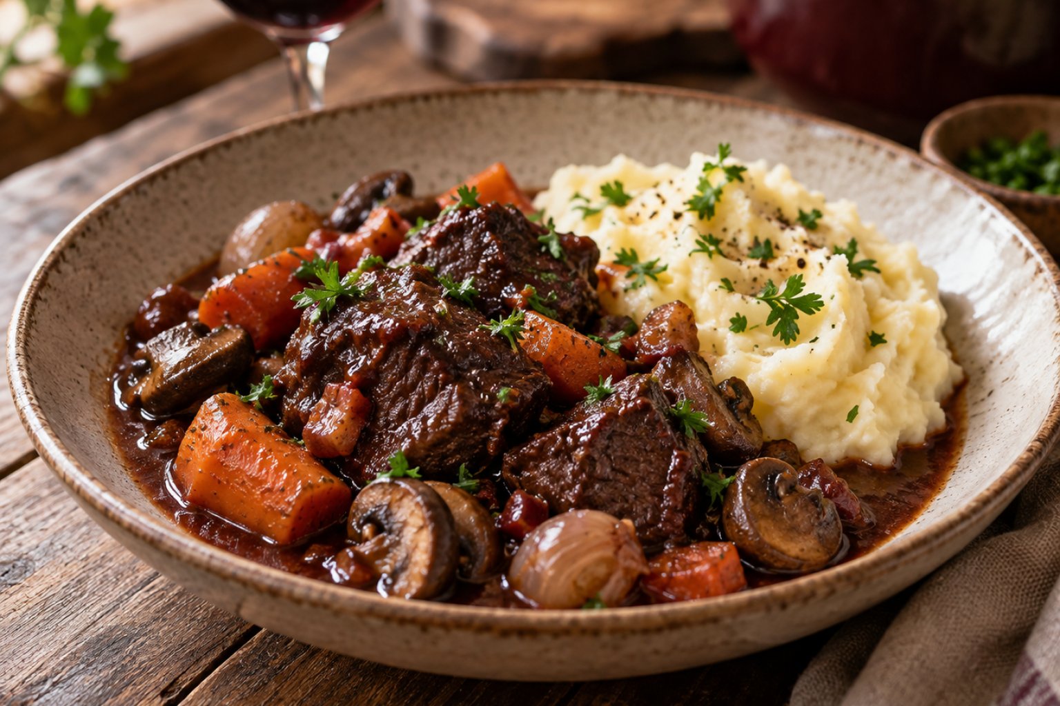 Bœuf Bourguignon mit Kartoffelpüree – Rezept mit Kalorien und Nährwerten