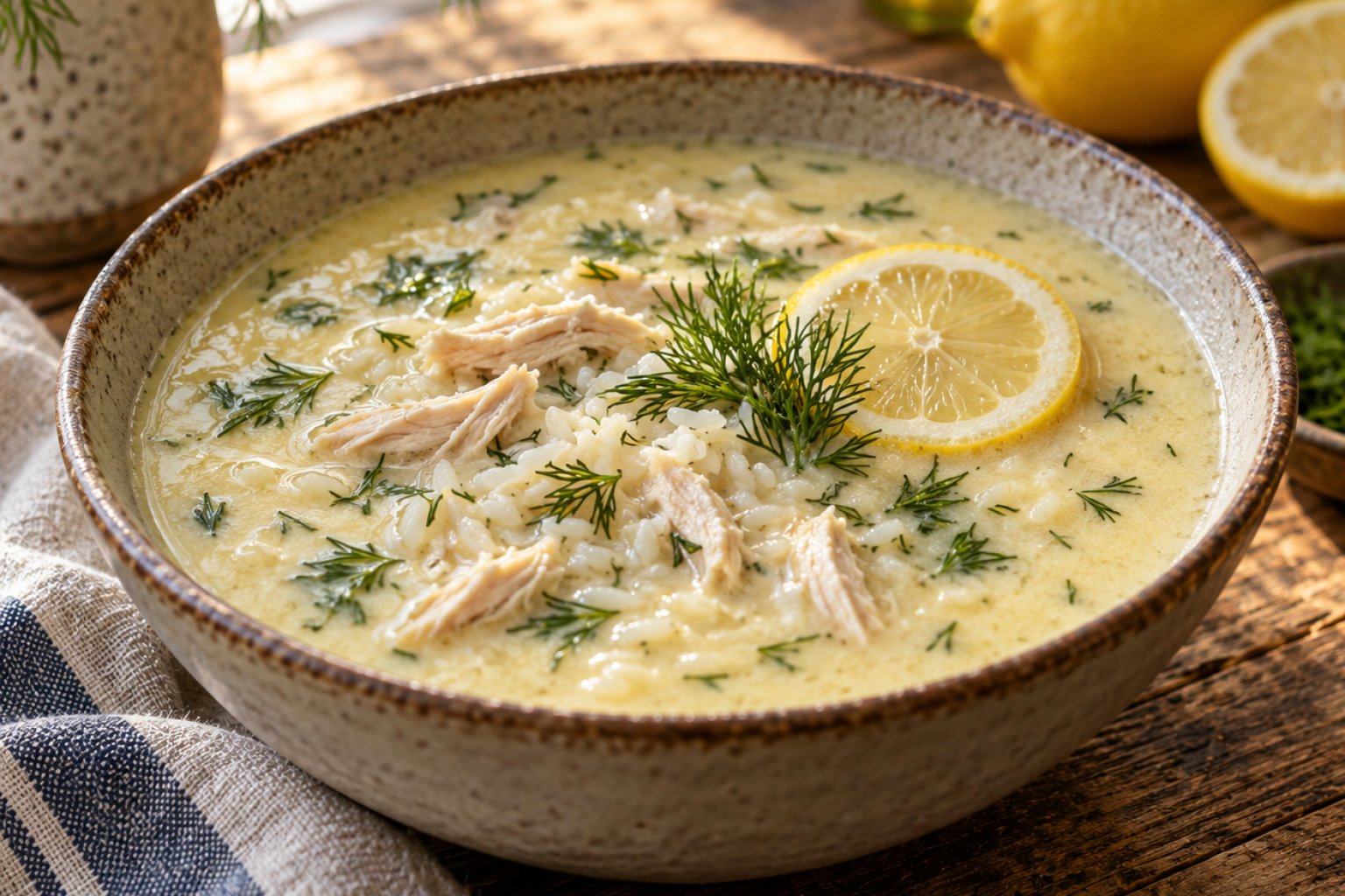 Griechische Avgolemono-Suppe mit Hühnchen und Reis