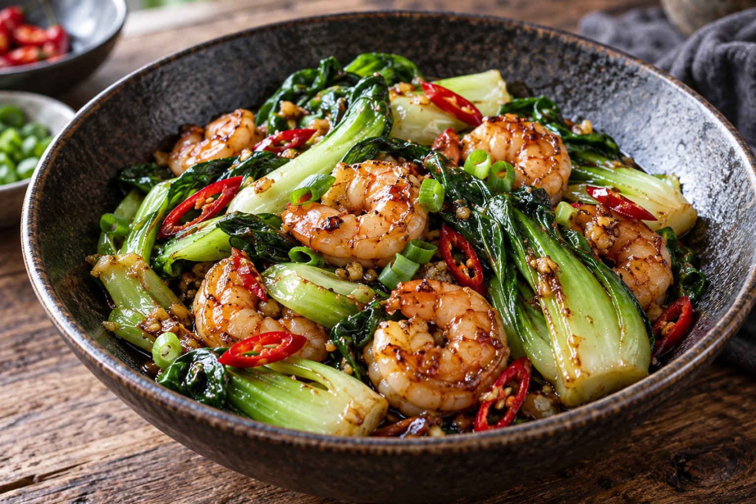 Gebratener Pak Choi mit Garnelen und Chili – Rezept mit Kalorien und Nährwerten
