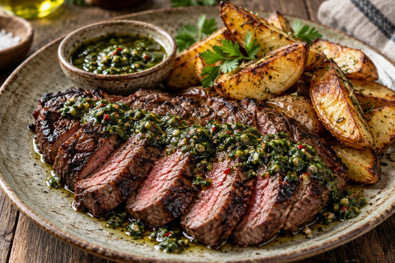Argentinisches Chimichurri-Steak mit Ofenkartoffeln – Rezept mit Kalorien und Nährwerten