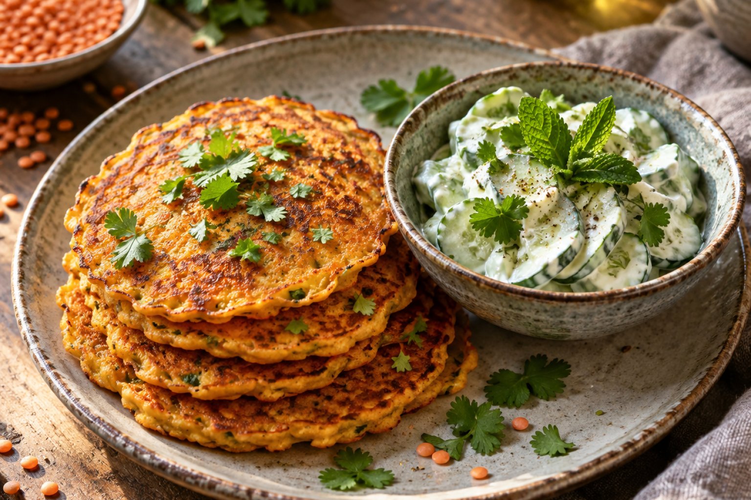 Vegane Rote-Linsen-Pfannkuchen mit Gurkensalat