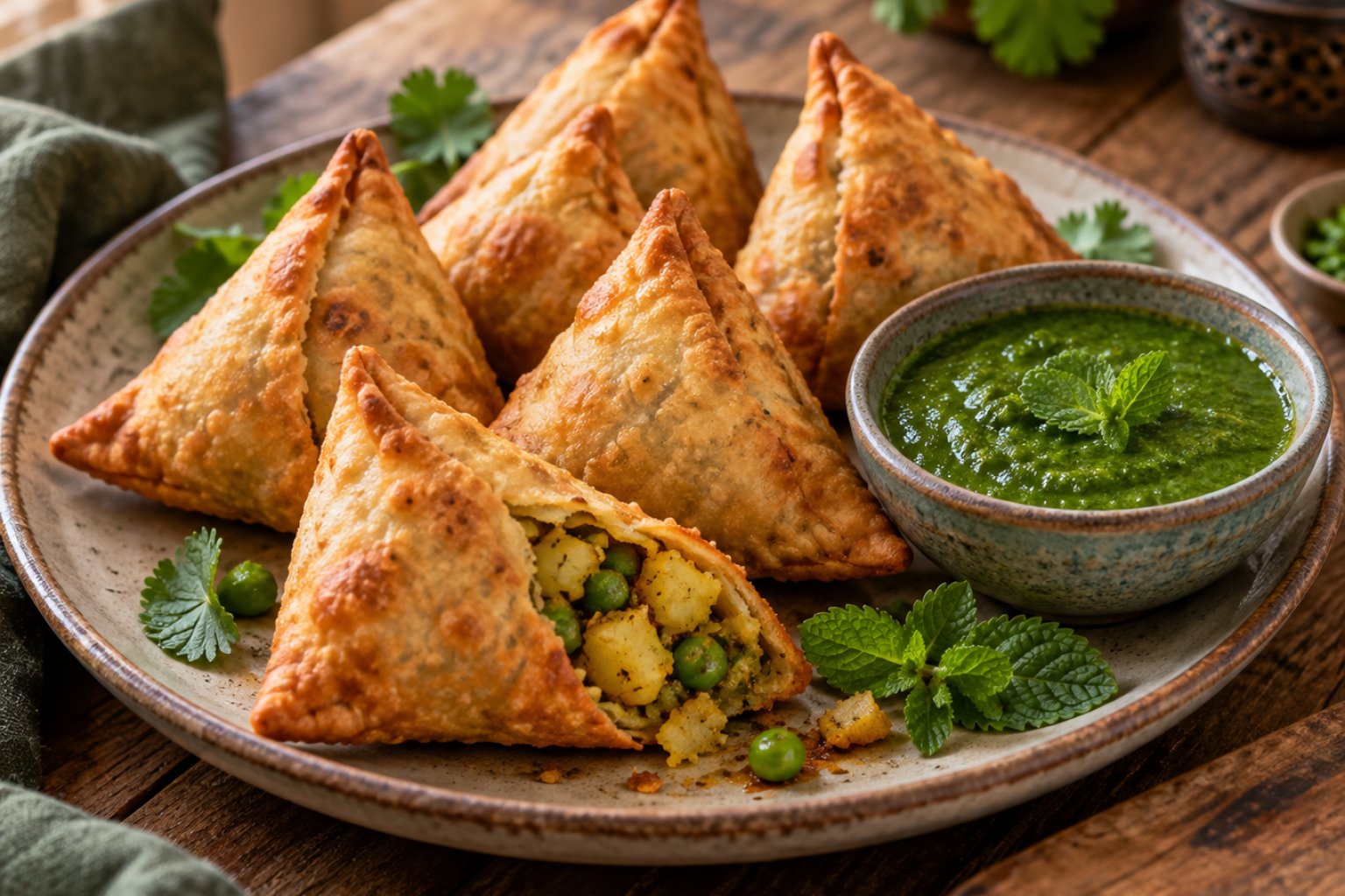 Vegane Kartoffel-Erbsen-Samosas mit Minz-Chutney – Rezept mit Kalorien und Nährwerten