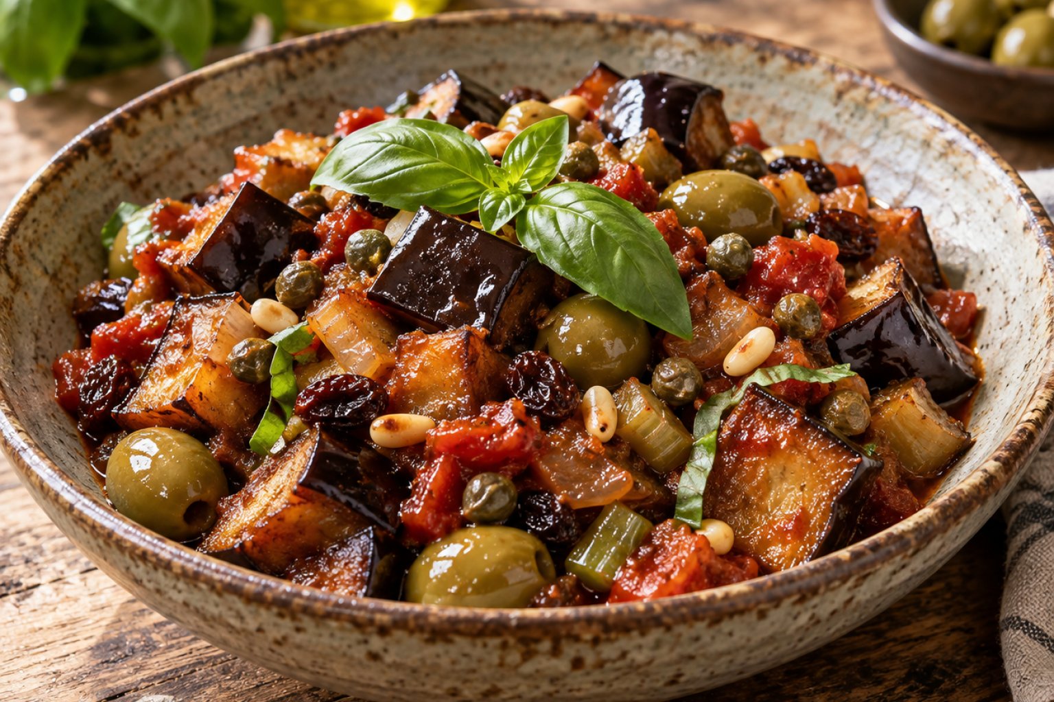 Sizilianische Caponata mit Auberginen und Oliven – Rezept mit Kalorien und Nährwerten