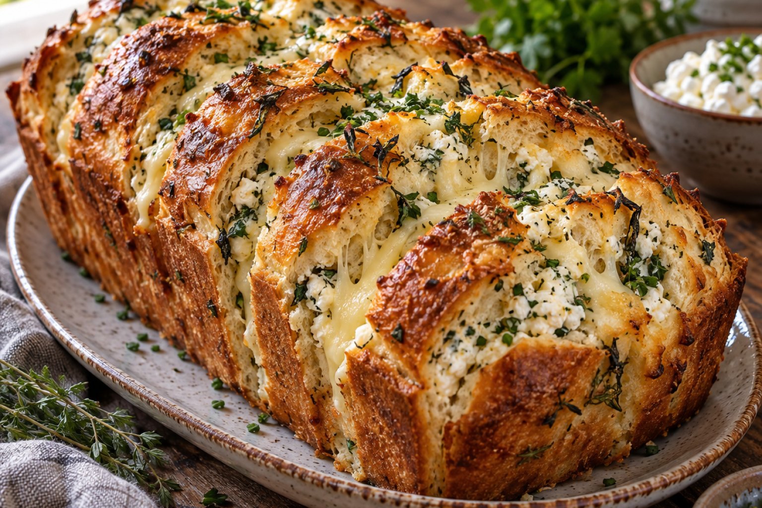 Protein-Zupfbrot mit Hüttenkäse und Kräutern