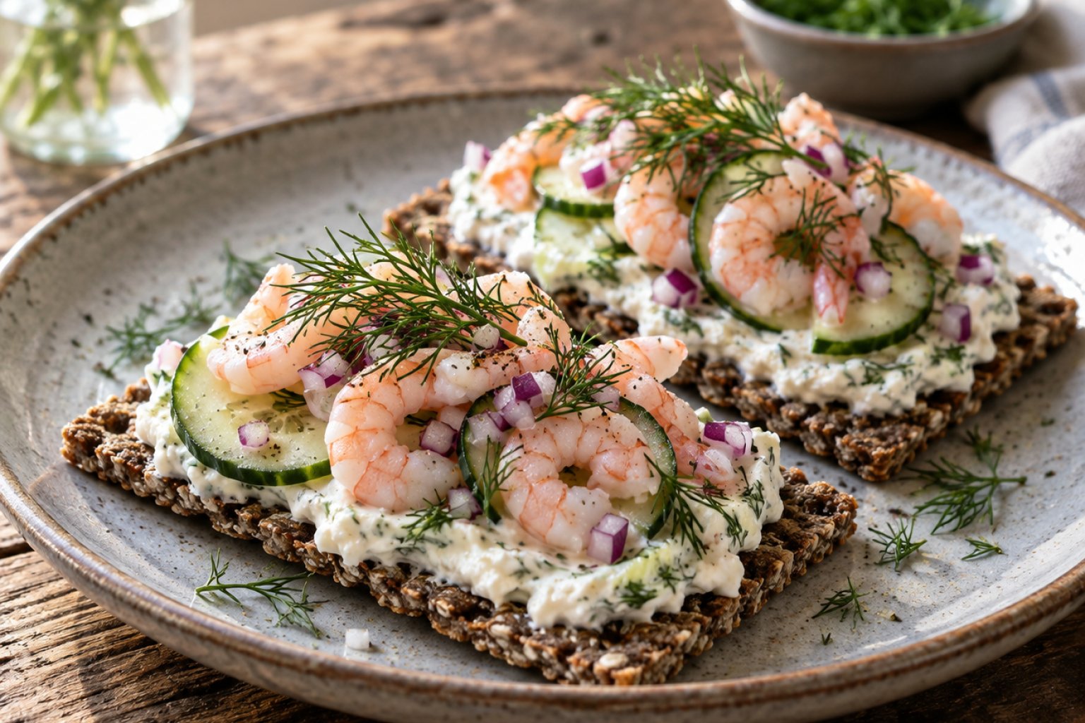 Schwedisches Knäckebrot-Sandwich mit Garnelen und Dill